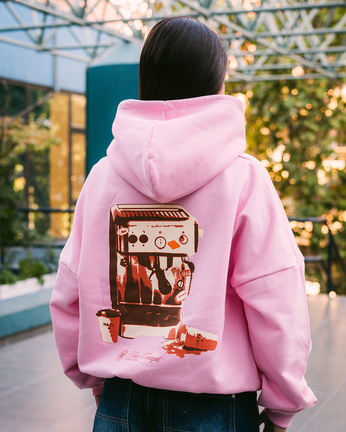Polerón/Hoodie boxy fit pink con diseño coffee run espalda
