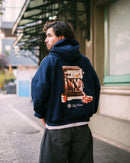 Polerón/Hoodie boxy fit Navy Blue con diseño coffee run espalda