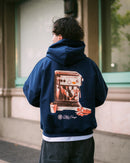 Polerón/Hoodie boxy fit Navy Blue con diseño coffee run espalda