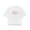 Polera boxy fit blanca con estampado After Game delantero