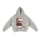 Polerón/Hoodie boxy fit gris melange con diseño coffee run espalda