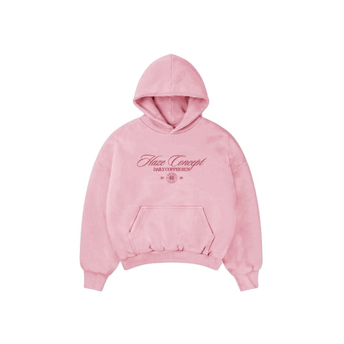Polerón/Hoodie boxy fit pink con diseño coffee run delantero