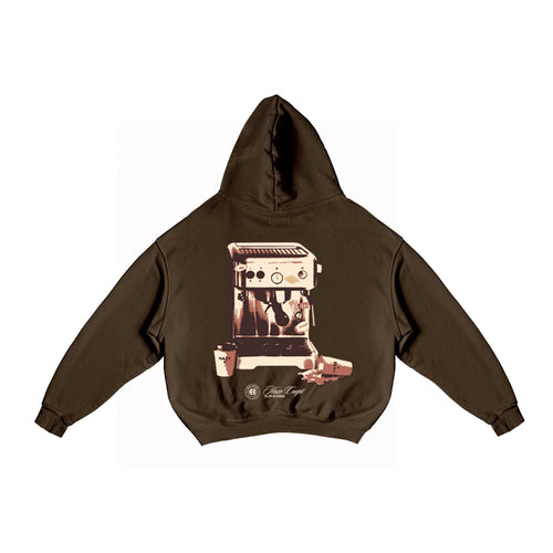 Polerón/Hoodie boxy fit Chocolate con diseño coffee run espalda