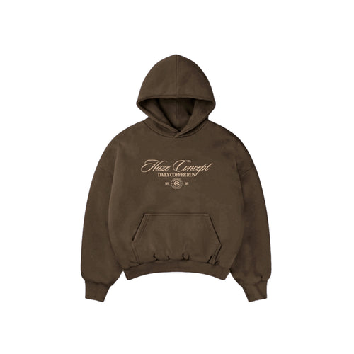 Polerón/Hoodie boxy fit Chocolate con diseño coffee run delantero