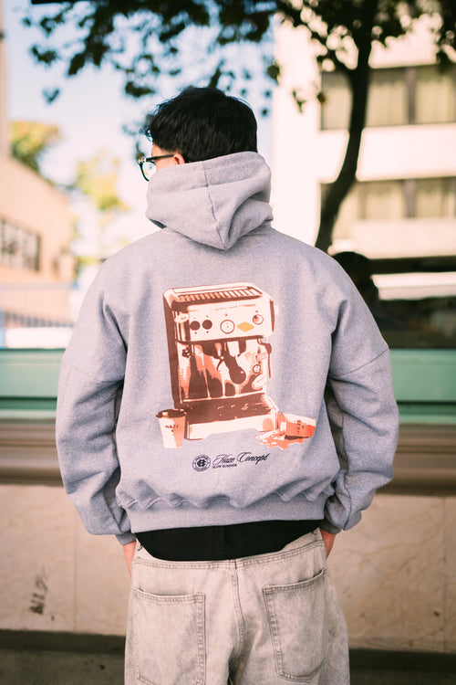 Polerón/Hoodie boxy fit gris melange con diseño coffee run espalda