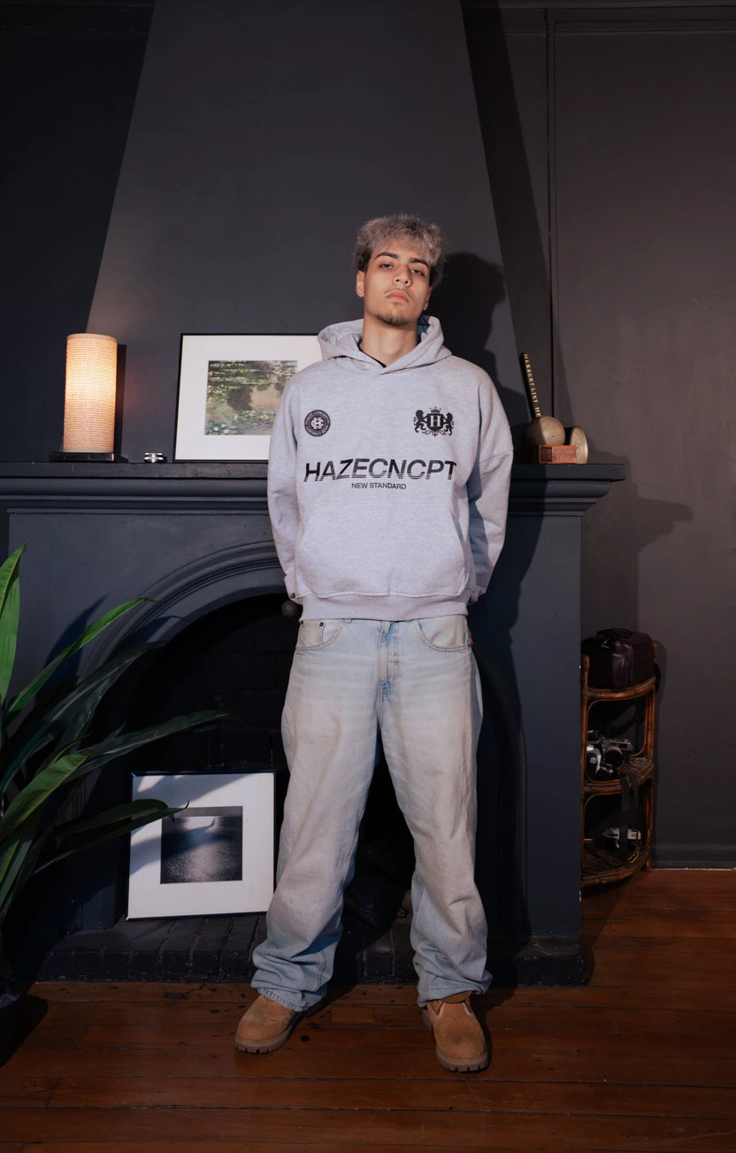 Boxy Fit Hoodie "New Standard" Melange Grey