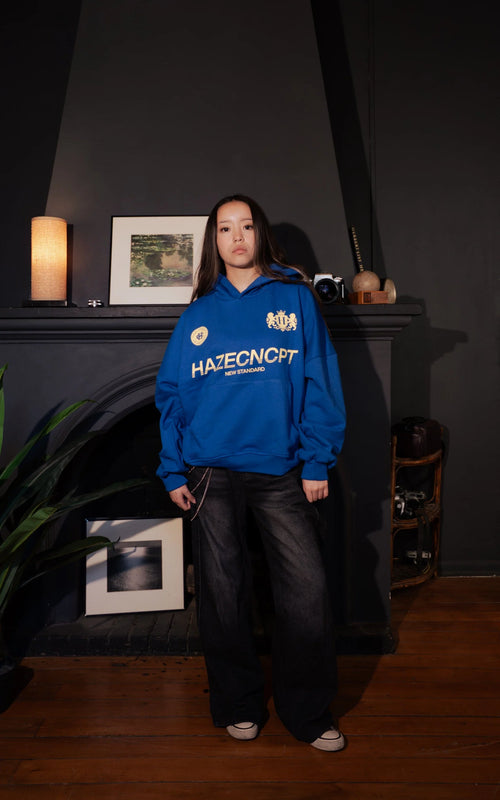 Polerón / hoodie Boxy Fit "New Standard" Azul Royal con estampado por delante