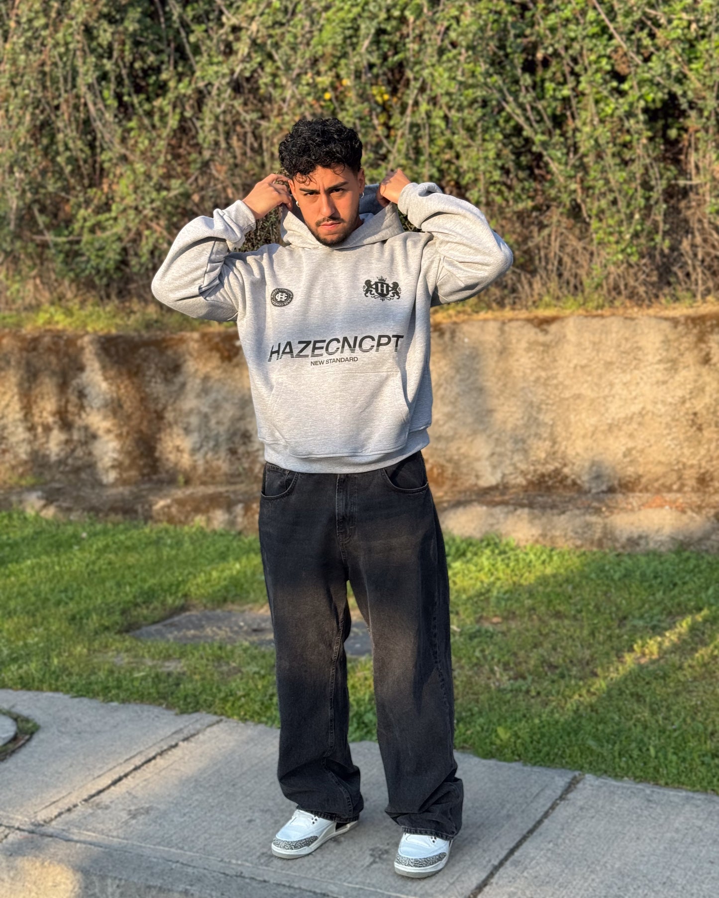 Boxy Fit Hoodie "New Standard" Melange Grey