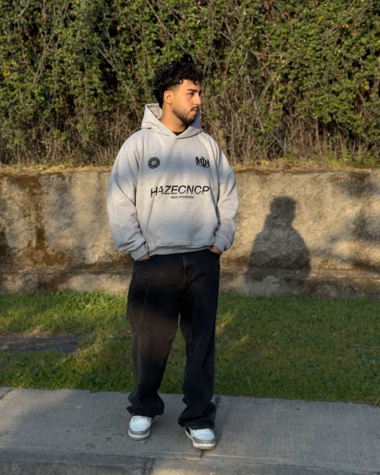 Boxy Fit Hoodie "New Standard" Melange Grey