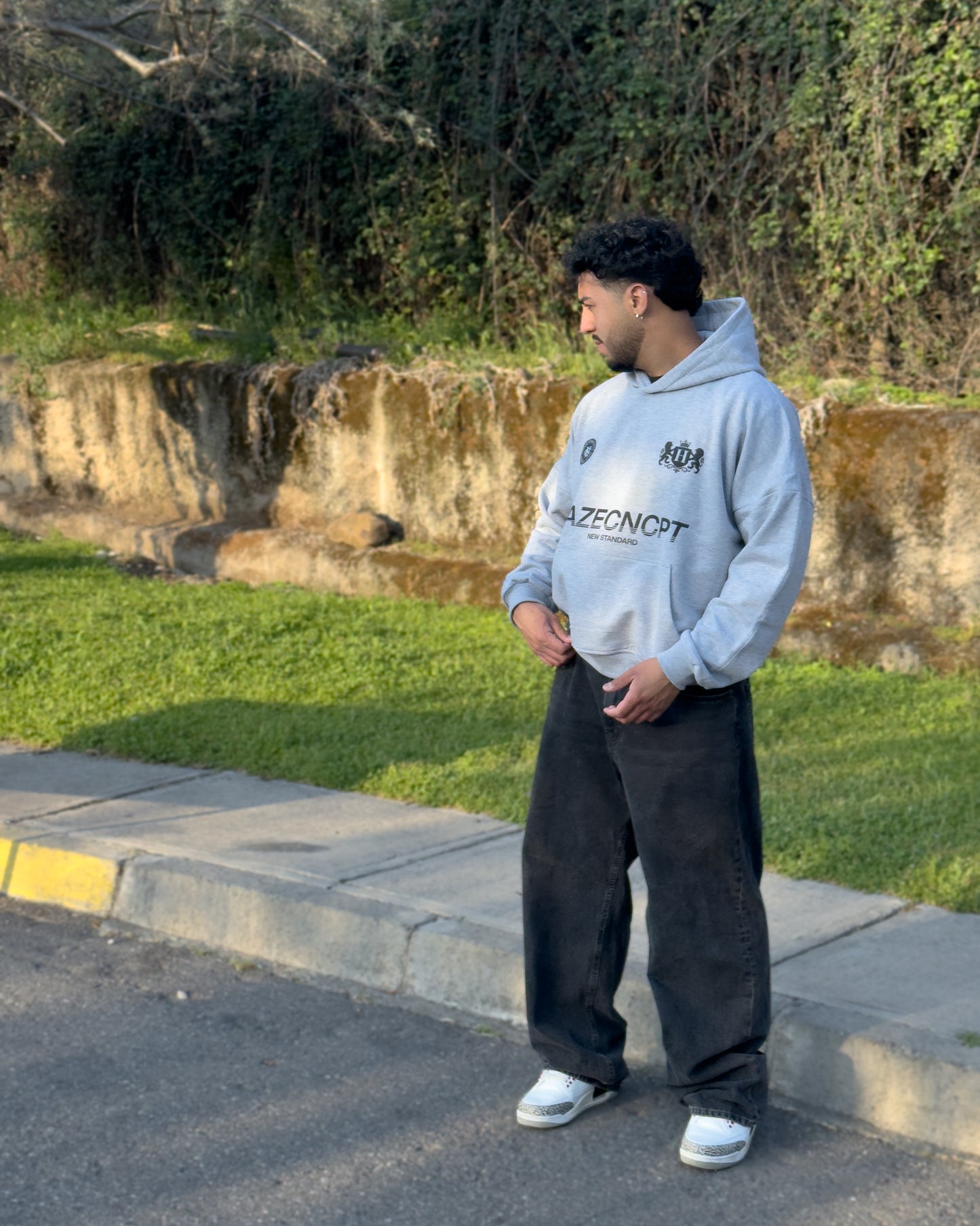 Boxy Fit Hoodie "New Standard" Melange Grey