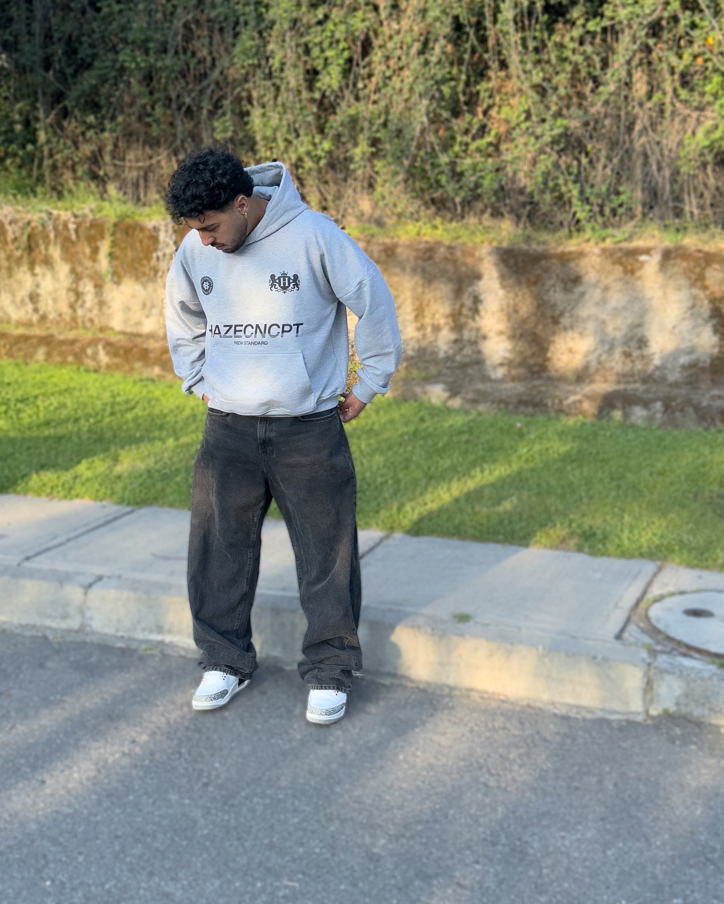 Boxy Fit Hoodie "New Standard" Melange Grey
