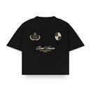 Polera boxy fit negra con estampado minimalista RoadTrip delantero